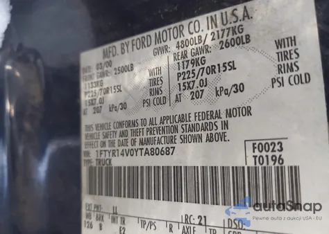 2000 Ford Ranger Xl/Xlt z USA, uszkodzony, nr VIN 1FTYR14V0YTA80687